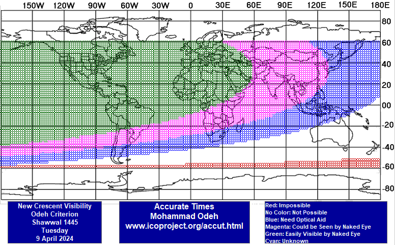  نقشه رؤیت‌پذیری هلال ماه شامگاه ۲۱ فروردین ۱۴۰۳ بر اساس پیش‌بینی با نرم‌افزار Accurate Time